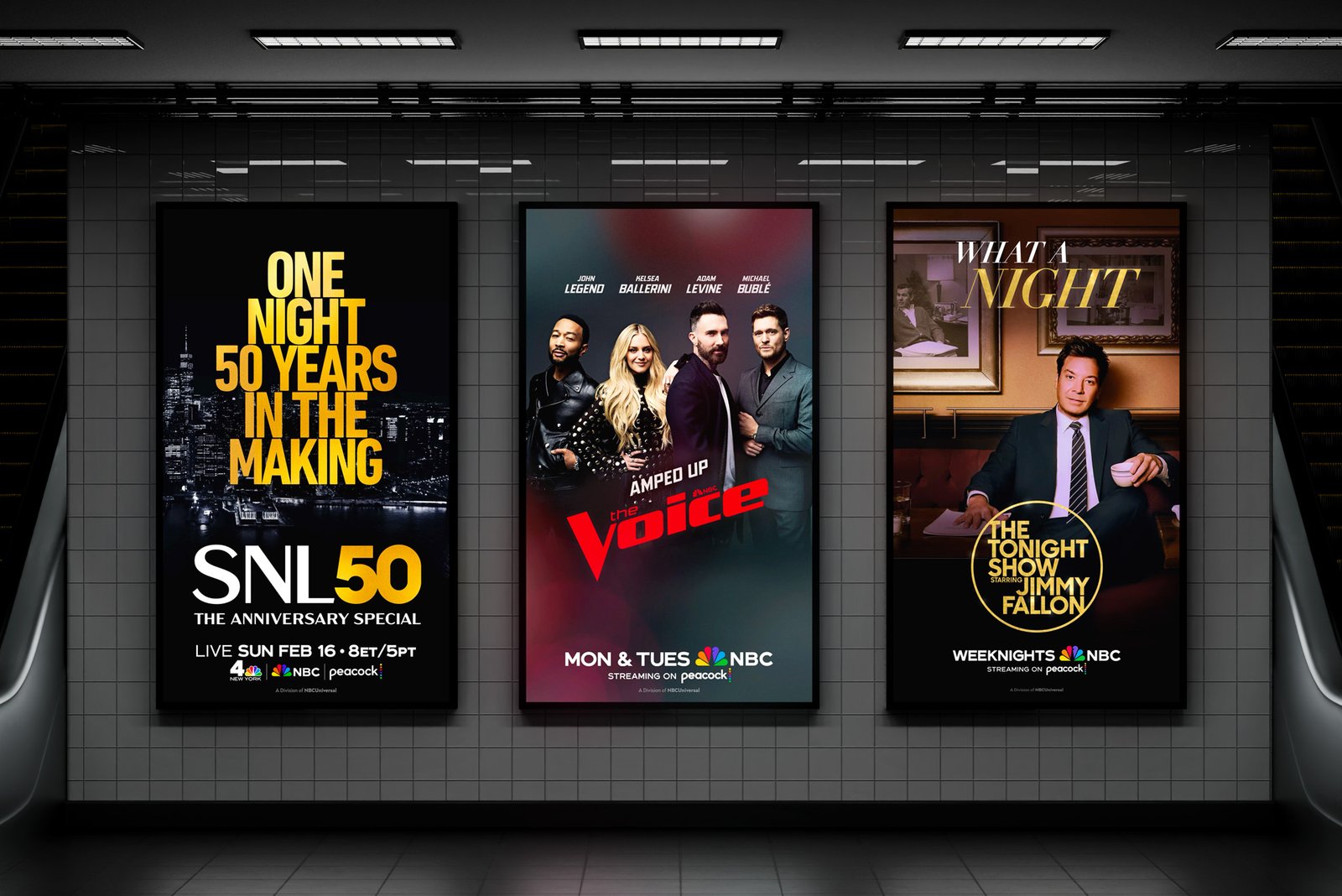 NBC DOOH facility screens — SNL 50, The Voice, and The Tonight Show Starring Jimmy Fallon displayed on subway-style digital billboards
